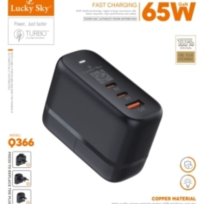 LuckySky 3 Ports USB C GaN Charger with UK, EU, US Plug Type C PD 65W QC 3.0 Fast Wall Mains Power Delivery Adapter for Laptops and Mobile Phone