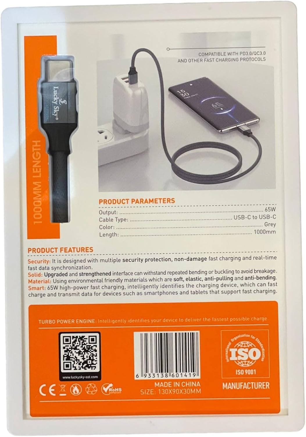 Lucky Sky Type C to Type C Cable 1M, Braided 65W Power Delivery PD Fast charge Cable USB C to USB C for iPhone 15 Pro/15 Pro Max/15 Plus, iPad mini 6,MacBook Pro/Air, iPad Pro, Samsung S24/S24 Ultra.