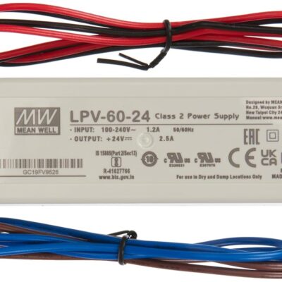 MeanWell MEAN WELL LPV-60-24, 60 W 24 V 2.5 A LED Power Supply, IP67, Class 2 Power Source.